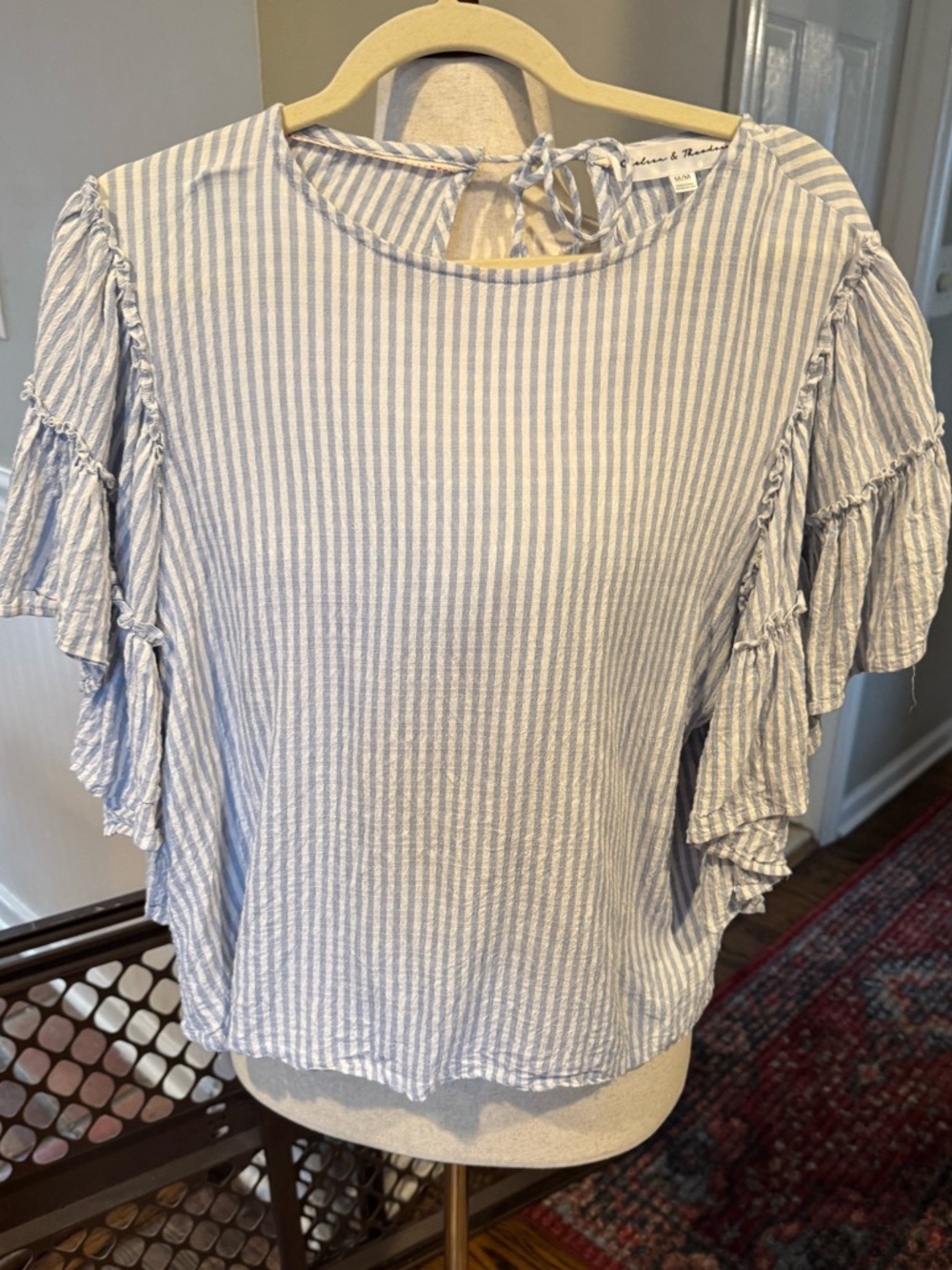 Light Blue Stripe Ruffle Sleeve Women's Top